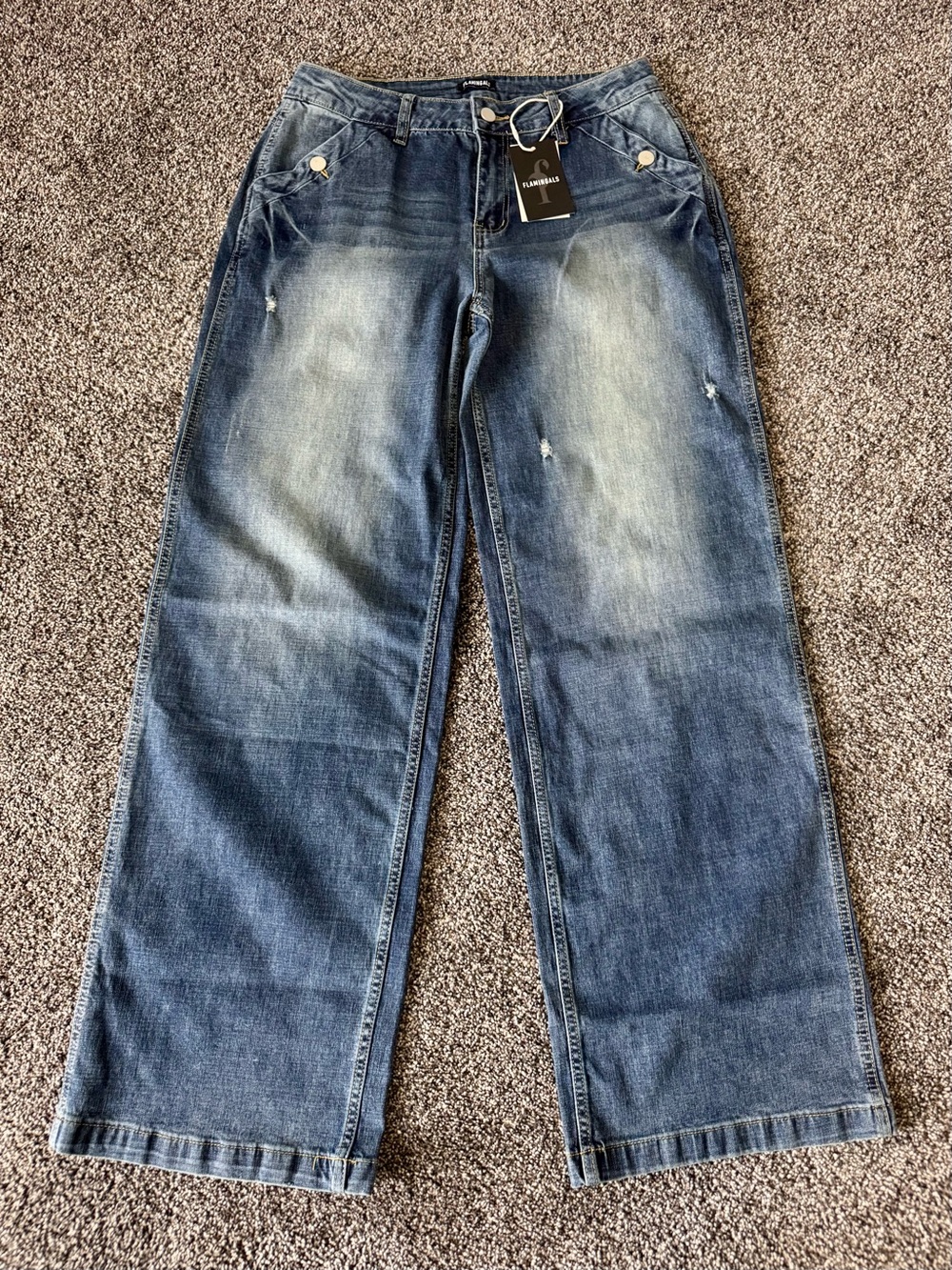NWT Flamingals Womens Wide Leg Dark Distressed Jeans L 203901 XH High Rise